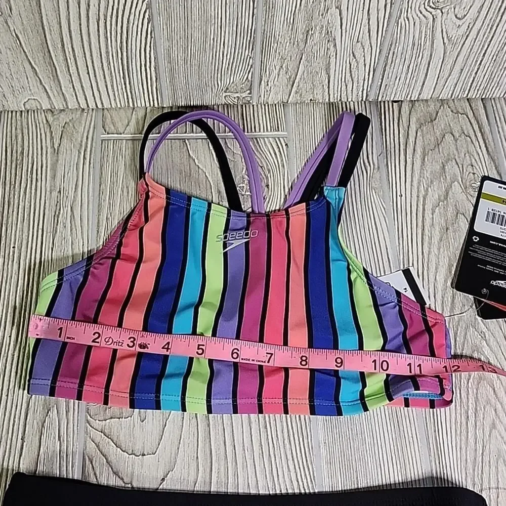 Speedo Girl's Size 14 Black Pink Blue Striped Bikini Swimsuit NWT